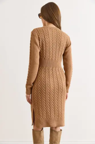 Kadın Camel Beli Bantlı Yırtmaçlı Saç Örgü Mini Elbise ELB-19002289-Camel - 3