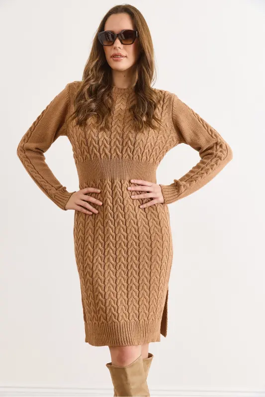 Kadın Camel Beli Bantlı Yırtmaçlı Saç Örgü Mini Elbise ELB-19002289-Camel - 5