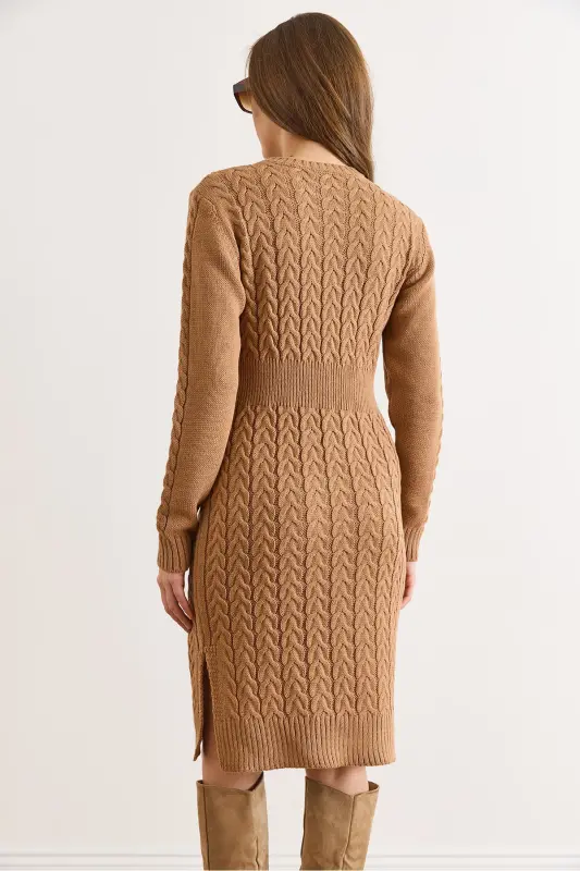 Kadın Camel Beli Bantlı Yırtmaçlı Saç Örgü Mini Elbise ELB-19002289-Camel - 3