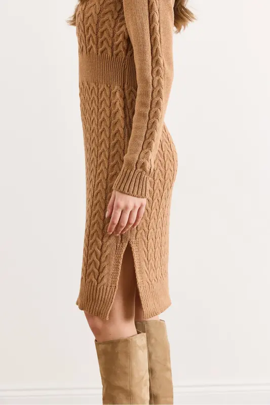 Kadın Camel Beli Bantlı Yırtmaçlı Saç Örgü Mini Elbise ELB-19002289-Camel - 4