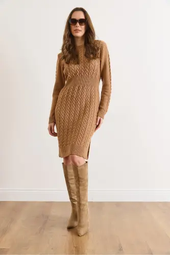 Kadın Camel Beli Bantlı Yırtmaçlı Saç Örgü Mini Elbise ELB-19002289-Camel - 6