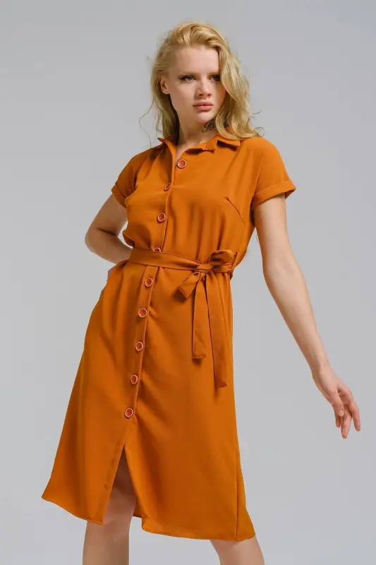 Kadın Camel Beli Kemerli Kısa Kol Gömlek Elbise ARM-19Y001068-Camel - ARMONIKA