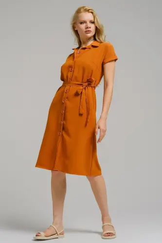 Kadın Camel Beli Kemerli Kısa Kol Gömlek Elbise ARM-19Y001068-Camel - ARMONIKA (1)