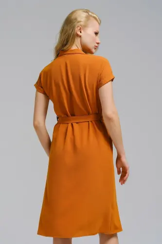 Kadın Camel Beli Kemerli Kısa Kol Gömlek Elbise ARM-19Y001068-Camel - 4