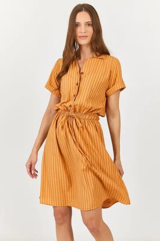 Kadın Camel Beli Lastikli Desenli Kısa Kol Gömlek Elbise Arm-23y001079-Camel - 1