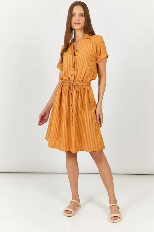 Kadın Camel Beli Lastikli Desenli Kısa Kol Gömlek Elbise Arm-23y001079-Camel - 2
