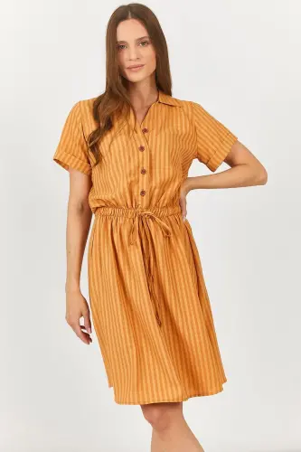 Kadın Camel Beli Lastikli Desenli Kısa Kol Gömlek Elbise Arm-23y001079-Camel - 3