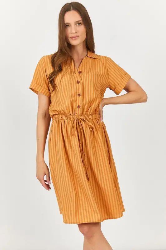 Kadın Camel Beli Lastikli Desenli Kısa Kol Gömlek Elbise Arm-23y001079-Camel - 3