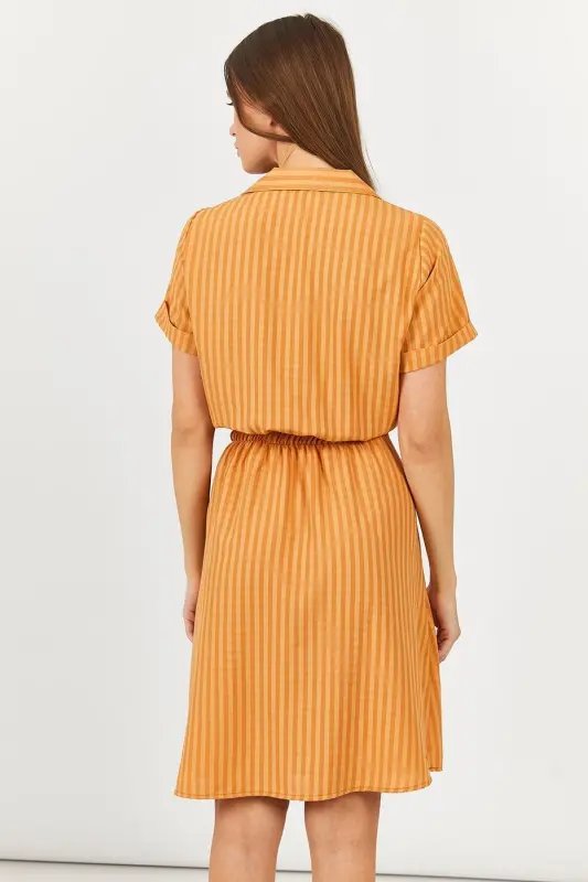 Kadın Camel Beli Lastikli Desenli Kısa Kol Gömlek Elbise Arm-23y001079-Camel - 4