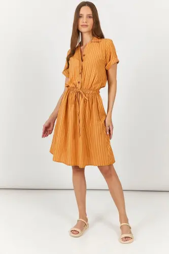 Kadın Camel Beli Lastikli Desenli Kısa Kol Gömlek Elbise Arm-23y001079-Camel - ARMONIKA (1)