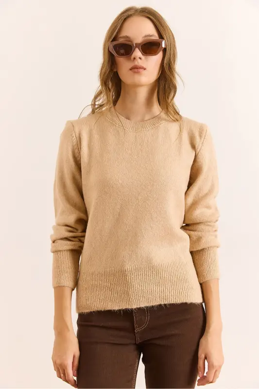 Kadın Camel Bisiklet Yaka Yumuşak Dokulu Basic Triko Kazak KZK-19000845-Camel - 2