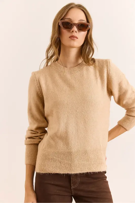 Kadın Camel Bisiklet Yaka Yumuşak Dokulu Basic Triko Kazak KZK-19000845-Camel - OLALOOK