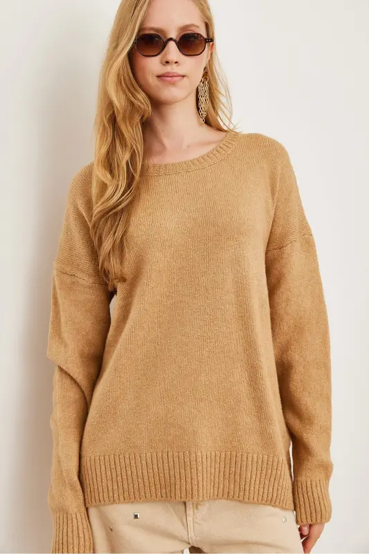 Kadın Camel Bisiklet Yaka Yumuşak Dokulu Triko Kazak KZK-19000807 - Camel - 3