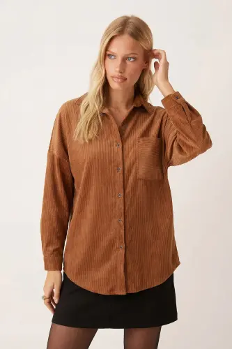 Kadın Camel Cepli Oversize İnce Fitilli Kadife Gömlek ARM-24K001076-Camel - 2