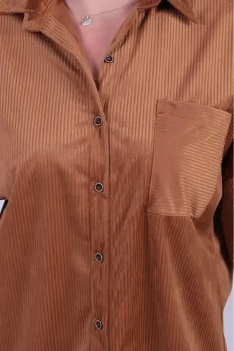 Kadın Camel Cepli Oversize İnce Fitilli Kadife Gömlek ARM-24K001076-Camel - 4
