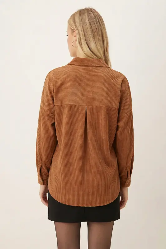 Kadın Camel Cepli Oversize İnce Fitilli Kadife Gömlek ARM-24K001076-Camel - 3