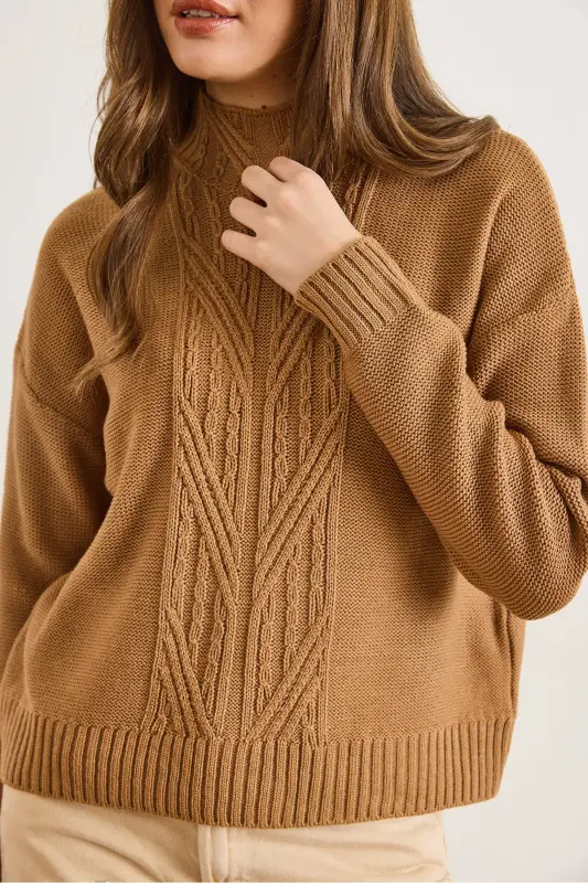 Kadın Camel Dik Yaka Ortası Saç Örgülü Triko Kazak KZK-19000912 - Camel - 4