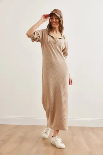 Kadın Camel Düğmeli Kapşonlu Oversize Fitilli Maxi Elbise ELB-19002319 - Camel - 2
