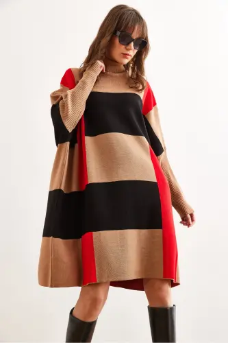 Kadın Camel Ekose Kalın Panço Tunik Elbise ELB-19002323 - Camel - 1
