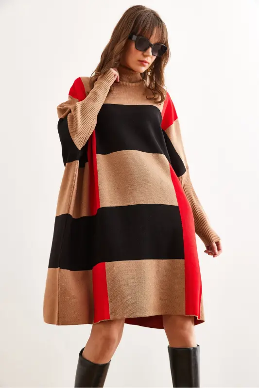 Kadın Camel Ekose Kalın Panço Tunik Elbise ELB-19002323 - Camel - 1