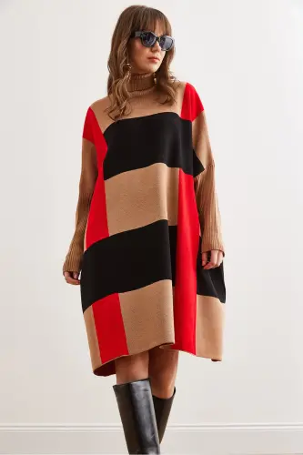 Kadın Camel Ekose Kalın Panço Tunik Elbise ELB-19002323 - Camel - 3