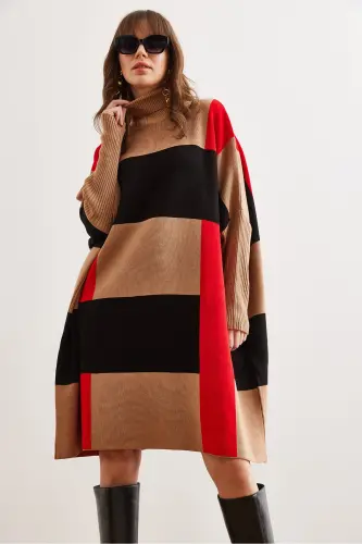 Kadın Camel Ekose Kalın Panço Tunik Elbise ELB-19002323 - Camel - 4