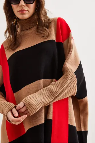 Kadın Camel Ekose Kalın Panço Tunik Elbise ELB-19002323 - Camel - 5