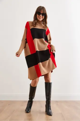 Kadın Camel Ekose Kalın Panço Tunik Elbise ELB-19002323 - Camel - Olalook (1)