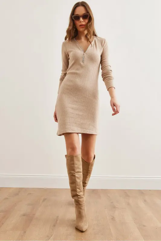 Kadın Camel Fermuar Detaylı Fitilli Mini Elbise ELB-19002320 - Camel - 1