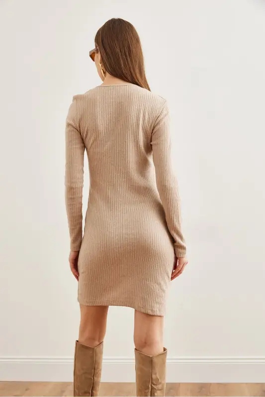 Kadın Camel Fermuar Detaylı Fitilli Mini Elbise ELB-19002320 - Camel - 6