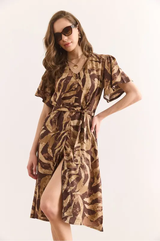 Kadın Camel Kahverengi V Yaka Kuşaklı Dokuma Mini Gömlek Elbise Elb-19002380 - Camel Kahverengi - 4