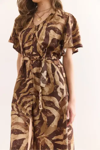 Kadın Camel Kahverengi V Yaka Kuşaklı Dokuma Mini Gömlek Elbise Elb-19002380 - Camel Kahverengi - 5