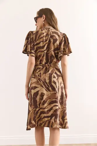 Kadın Camel Kahverengi V Yaka Kuşaklı Dokuma Mini Gömlek Elbise Elb-19002380 - Camel Kahverengi - 6