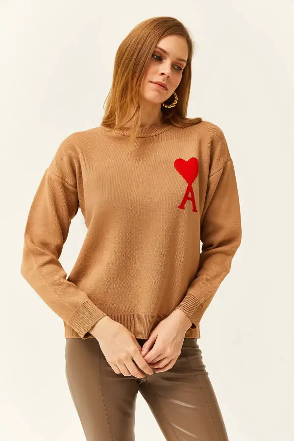 Kadın Camel Kalp Detaylı Triko Kazak KZK-19000735 - 4
