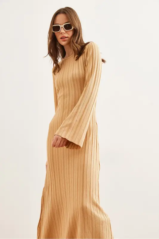 Kadın Camel Kendinden Kuşaklı İspanyol Kol Maxi Triko Elbise ELB-19002290 - Camel - 5