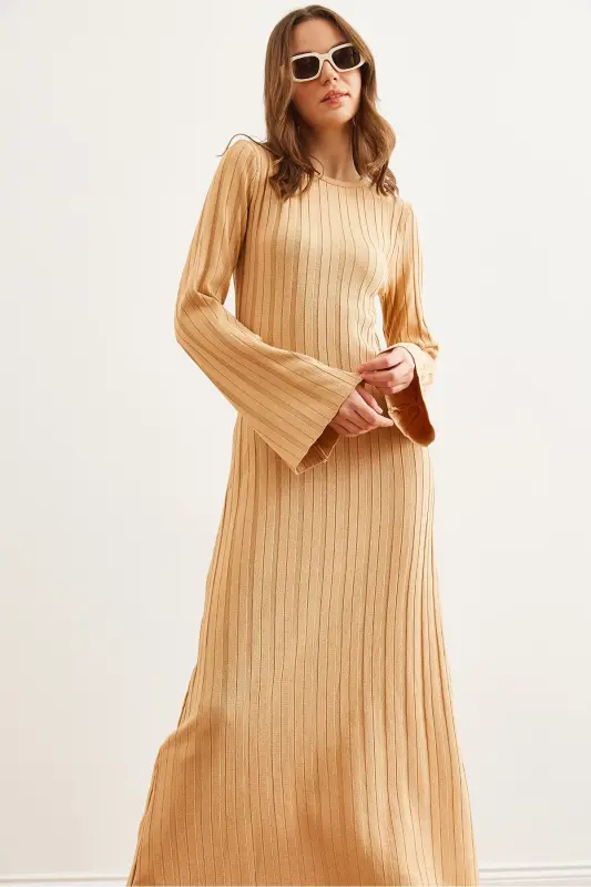 Kadın Camel Kendinden Kuşaklı İspanyol Kol Maxi Triko Elbise ELB-19002290 - Camel - 6