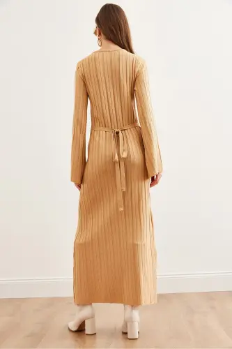 Kadın Camel Kendinden Kuşaklı İspanyol Kol Maxi Triko Elbise ELB-19002290 - Camel - 7