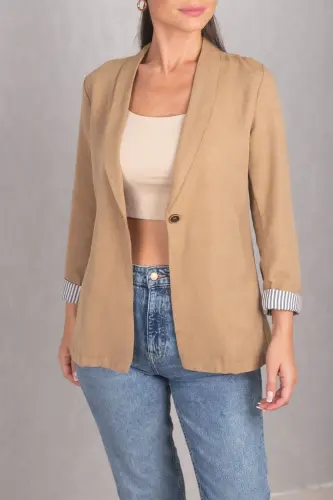 Kadın Camel Kol İçi Çizgili Tek Düğmeli Ceket ARM-22K001122-Camel 