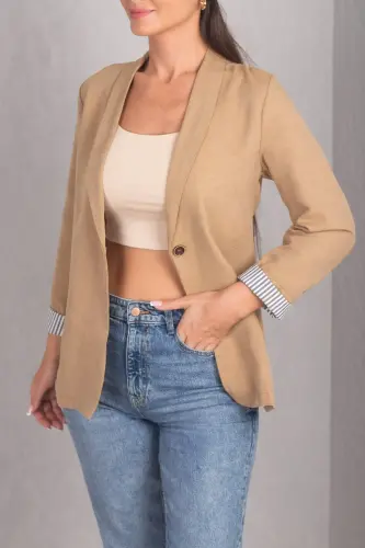 Kadın Camel Kol İçi Çizgili Tek Düğmeli Ceket ARM-22K001122-Camel - 3