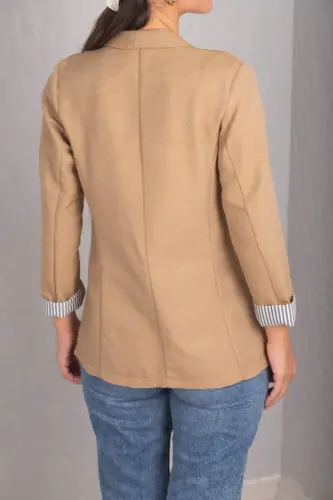 Kadın Camel Kol İçi Çizgili Tek Düğmeli Ceket ARM-22K001122-Camel - 4