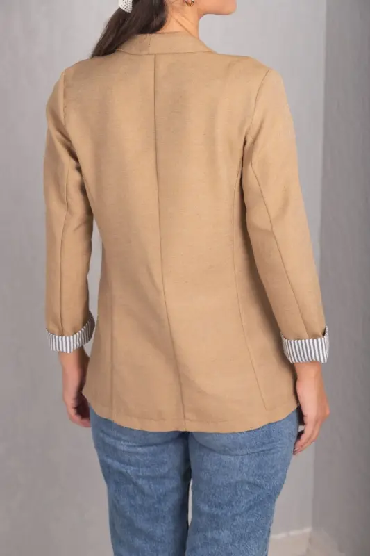 Kadın Camel Kol İçi Çizgili Tek Düğmeli Ceket ARM-22K001122-Camel - 4