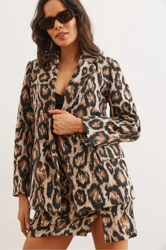 Kadın Camel Leopar Fleto Cepli Astarlı Kaşe Blazer Ceket CKT-19000403 - Camel Leopar - 4