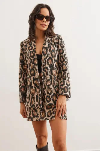 Kadın Camel Leopar Fleto Cepli Astarlı Kaşe Blazer Ceket CKT-19000403 - Camel Leopar - 6
