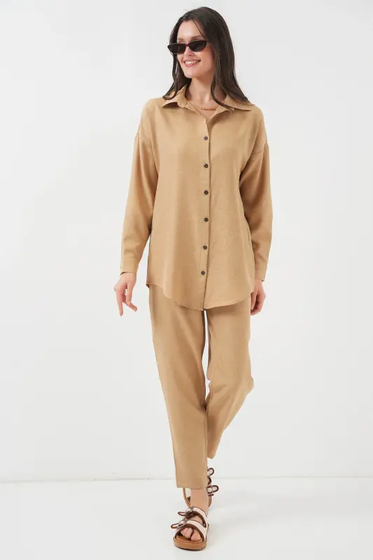 Kadın Camel Oversize Keten Alt Üst Takım 6622 - CAMEL - 1