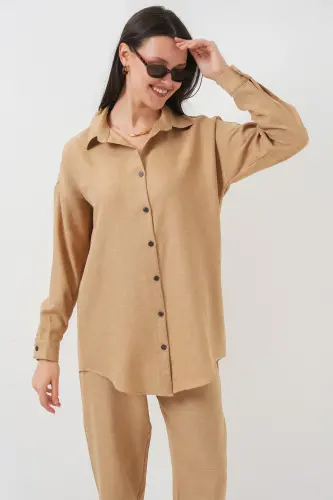 Kadın Camel Oversize Keten Alt Üst Takım 6622 - CAMEL - 2