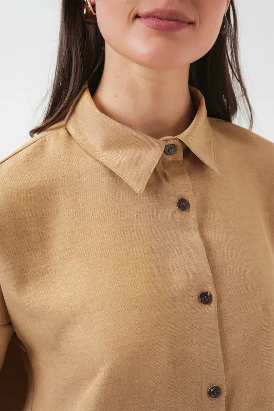 Kadın Camel Oversize Keten Alt Üst Takım 6622 - CAMEL - 6