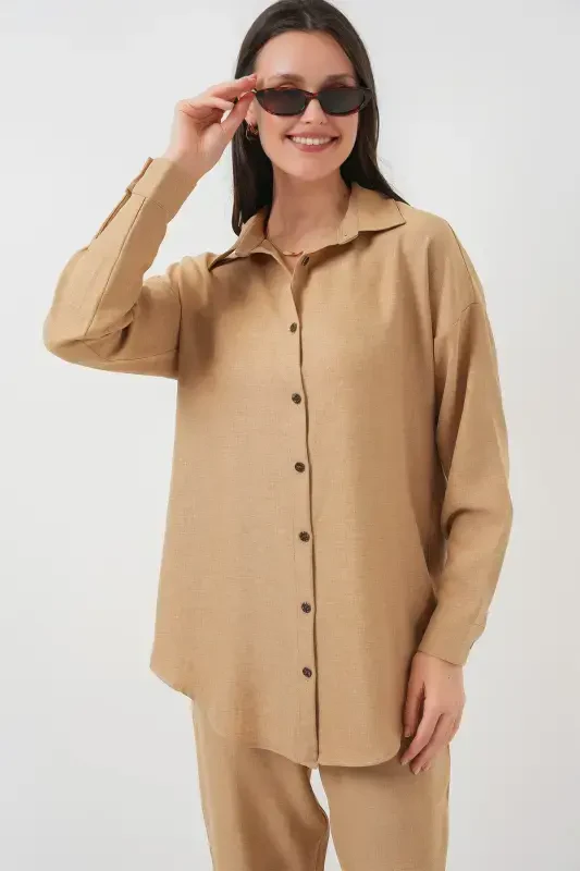Kadın Camel Oversize Keten Alt Üst Takım 6622-CAMEL - 4