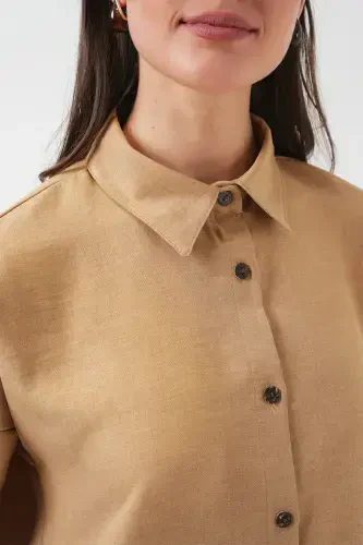 Kadın Camel Oversize Keten Alt Üst Takım 6622-CAMEL - 6