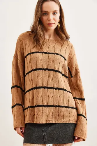 Kadın Camel Saç Örgülü Çizgi Detaylı Triko Kazak KZK-19000919 - Camel - 6