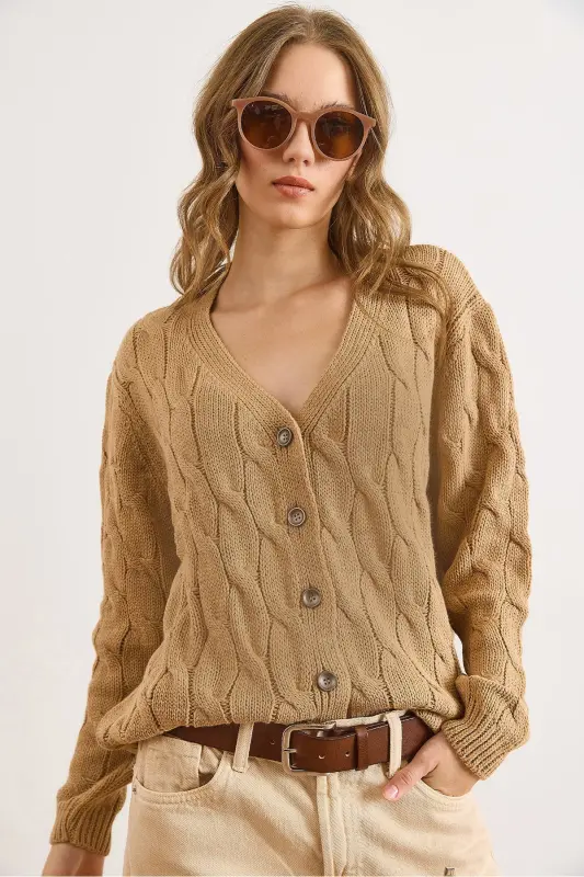 Kadın Camel Saç Örgülü Triko Hırka HRK-19000298-Camel - 1